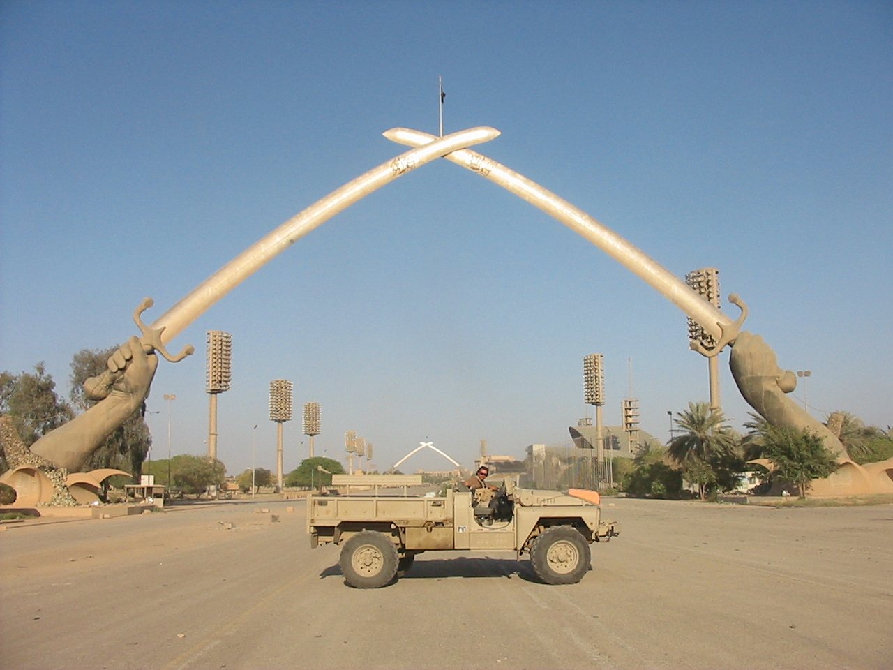 A U.S. vehicle under the Crossed Swords, April 30, 2003.