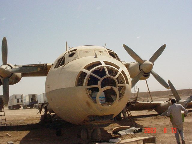 A gutted Iraqi transport with its glazed nose and propellers still in place, August 2003.