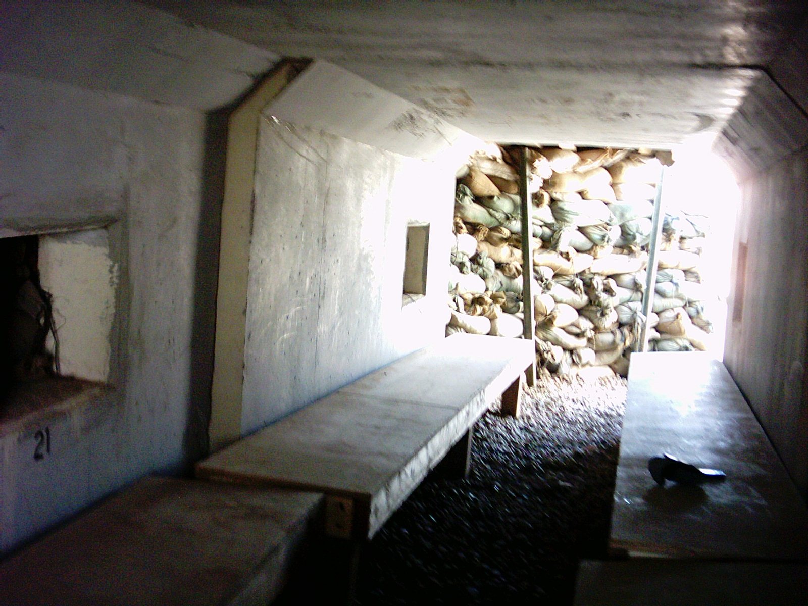 Inside a mortar bunker, sandbagged at the far end, March 2004.